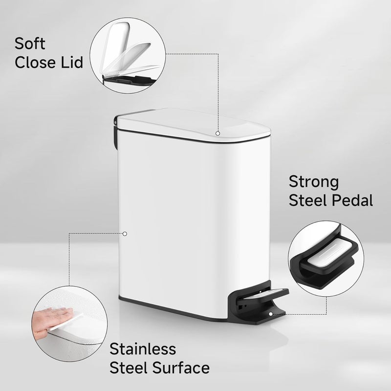 TIPGO Slim Bathroom Trash Can with Lid Soft Close, Step Pedal, 6 Liter / 1.6 Gallon Stainless Steel Trash Bin, Small Garbage Cans for Bedroom, Office, Kitchen (White) - Image 4